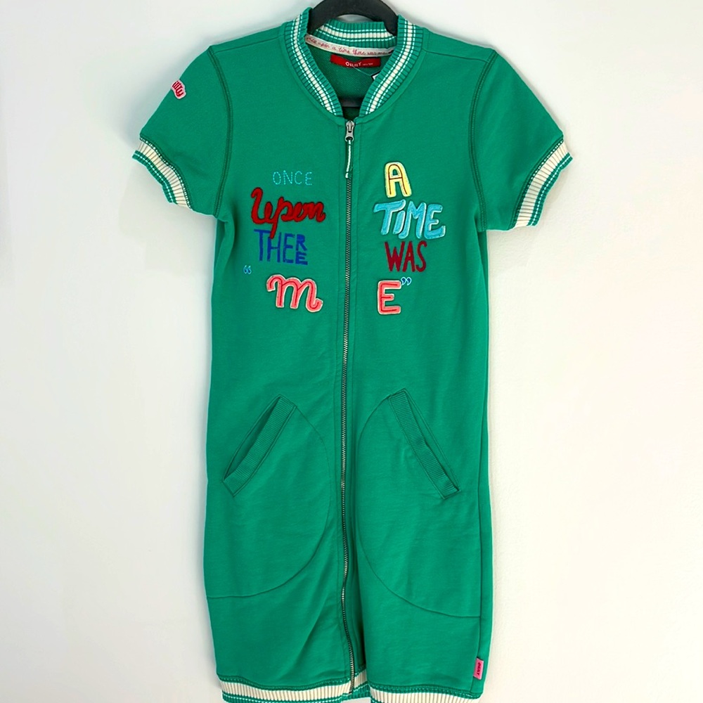 Oilily Green Zip-Front Kids Dress with Embroidered Lettering